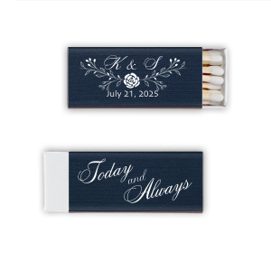 The Elegant Floral Forever Wedding  Match features a peony-adorned bough elegantly framing the couple's initials in refined script, with the event date below. The reverse side, inscribed "Today and Always" in graceful script, symbolizes eternal love, making it a sophisticated keepsake for one's wedding day.