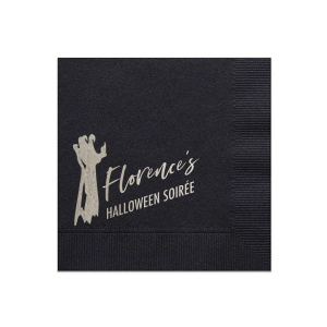 Custom Black Statement Cocktail Napkin with Shiny Merlot Foil has a Zombie Hand graphic and is good for use in Halloween themed parties and can be customized to complement every last detail of your party.