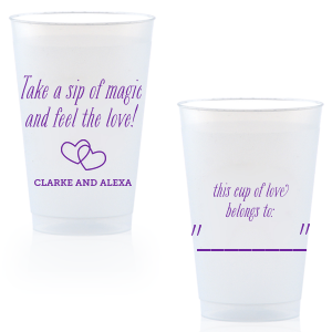Create wedding details so perfect, they're magical. Customize this plastic cup for wedding barware that can double as a personalized party favor! Our Interlocking Hearts graphic will fit any theme. Simply choose your colors and add your names.