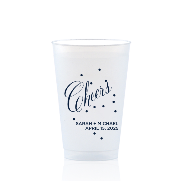 Toast in style with the Cheers Bubble Cup, brimming with effervescence. The word "Cheers" is beautifully rendered in swirling script, surrounded by lively bubble dots, capturing a sense of bubbly joy. Below, the couple's names and event date in block font add a personalized touch to this vibrant celebratory design.