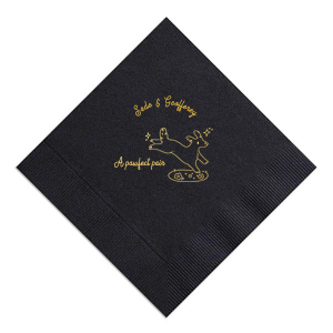 Celebrate your nuptials with the Pawfect Pair Wedding Napkin, featuring a joyous illustration of a dog in mid-leap above a grassy knoll, surrounded by a sprinkle of sparkles. Personalize with the couple's names arched above this heartwarming scene, symbolizing the playful spirit and boundless love of your special day.