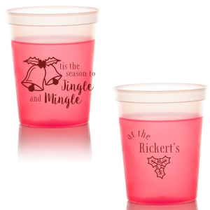 Fill the Jingle and Mingle Christmas Cup with festive spirit, featuring motion-filled bells and a playful 'Jingle and Mingle' in elegant script. The family name and a touch of mistletoe on the back sweeten the holiday revelry