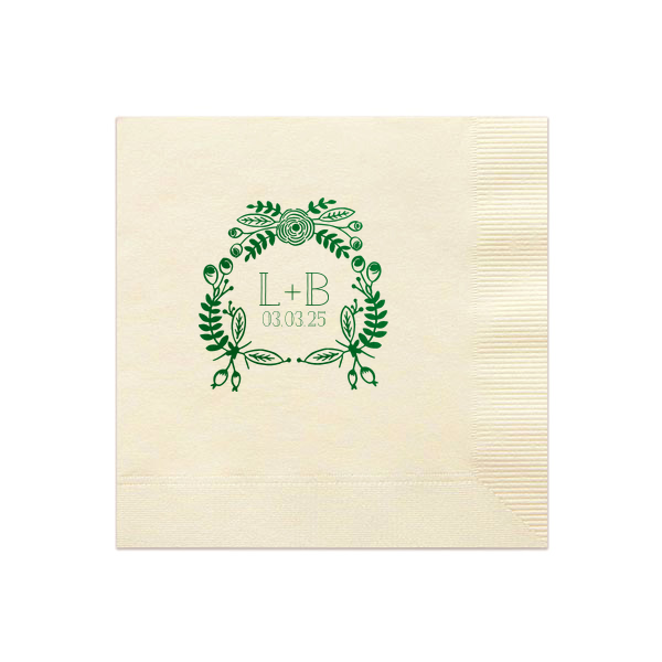 Add a touch of nature’s charm to your special day with the Beautiful Bouquet Wedding Napkin. This hand-drawn floral frame, lush with greenery, beautifully encircles the couple’s initials and event date. Bountiful and beautiful, it’s a celebration of love in full bloom.