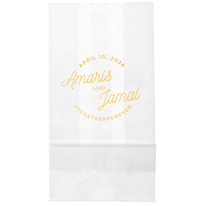 Elevate your event with the Modern Script Names & Hashtag Gift Bag design, a fusion of contemporary style and social savvy. Featuring the couple's names, event date, and a custom hashtag, this bag turns every gift  into a stylish, memorable experience, ideal for trend-setting events. 