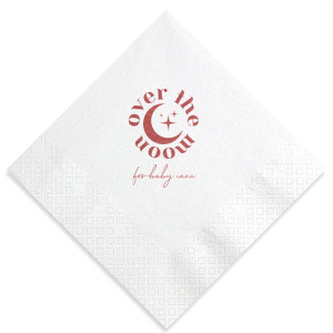 Personalize a celestial baby shower napkin! Featuring a star an moon graphic, you can customize this baby shower napkin with the name of the baby. 