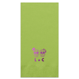 The Sugar Skull Wedding Napkin design artfully embraces Mexican tradition with personalized sugar skulls, symbolizing a joyful blend of love and cultural heritage. Perfect for a wedding celebration, it infuses a vibrant, festive spirit, paying homage to life, love, and the beauty of intertwined journeys. 