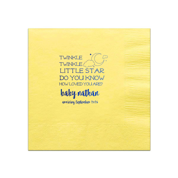 Our beautiful custom Mimosa/Yellow Cocktail Napkin with Shiny Royal Blue Foil has a Night Sky graphic and is good for use in Baby Shower, Stars themed parties and are a must-have for your next event—whatever the celebration!