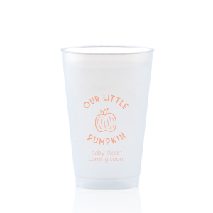 Our Our Little Pumpkin Cup are essential for pumpkin-themed parties. Ideal for fall baby showers, these custom cups featuring a charming pumpkin graphic will ensure you and your guests celebrate in style.