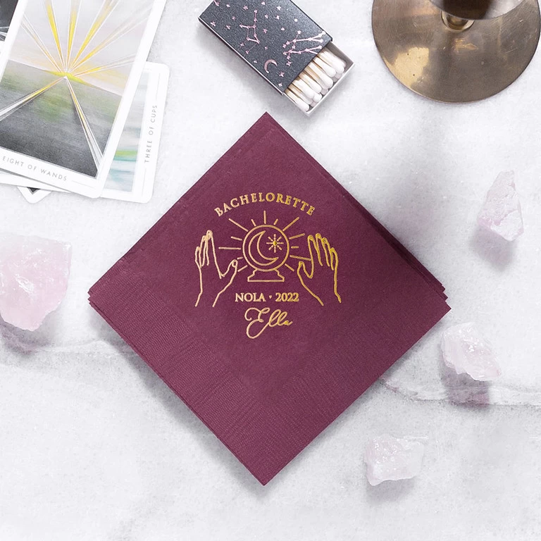 custom designed Total Eclipse cocktail napkins and matchboxes will layer beautifully at your fall gathering