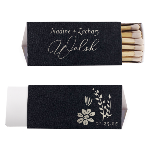 The Artistic Flair Wildflower Wedding Script Names Match elegantly merges sophistication with creativity. One side stylishly presents the couple’s first names. The design’s centerpiece is their last name in a grand script. The reverse features an elegant botanical motif with the event date, beautifully embodying their matrimonial journey.