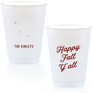 celebrate the autumn season with the Happy Fall Y'all Cup. Printed in your choice of cup style and ink color, make your family gatherings all the more personal this season.
