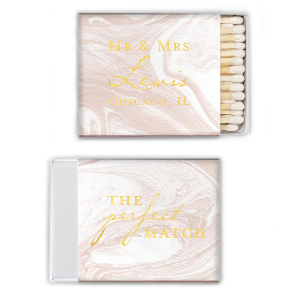 Ignite elegance with the Vintage Modern Mr & Mrs Matchbox. One side features "The Perfect Match", with 'Perfect' in a stunning vintage script amidst modern block letters. The reverse declares "Mr. and Mrs." followed by their shared surname in a grand vintage font, beneath which lies the event's name and city, crafting a sophisticated blend of old and new.