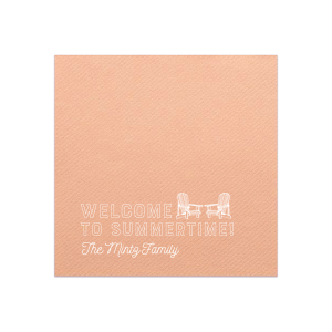 Celebrate the season with the Welcome to Summertime Napkin. Two Adirondack chairs beckon under the sun, ready for lively outdoor gatherings. This napkin is your invitation to relax, with your family name adding a personal touch to the ultimate summer vibe.