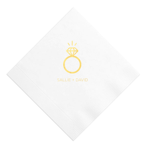 Celebrate the sparkle of love with the Diamond Ring Napkin. This design features a striking modern illustration of a solitaire diamond ring, complete with dazzling sparks. Below, the couple's names in bold all-caps lettering underscore the excitement of their engagement, making this napkin a brilliant tribute to their commitment.
