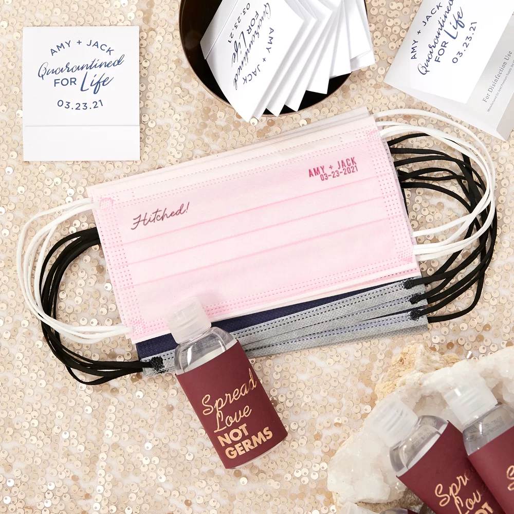 Custom designed disposable face masks and hand sanitizers are a 2021 wedding essential.