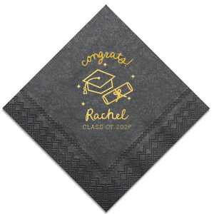 Celebrate the graduate's success with the Scripted Cap & Diploma Grad Napkin, elegantly personalized with the graduate's name and year in a handwritten script font. Featuring a classic graduation cap and diploma graphic, it's a sophisticated touch for any graduation festivity.