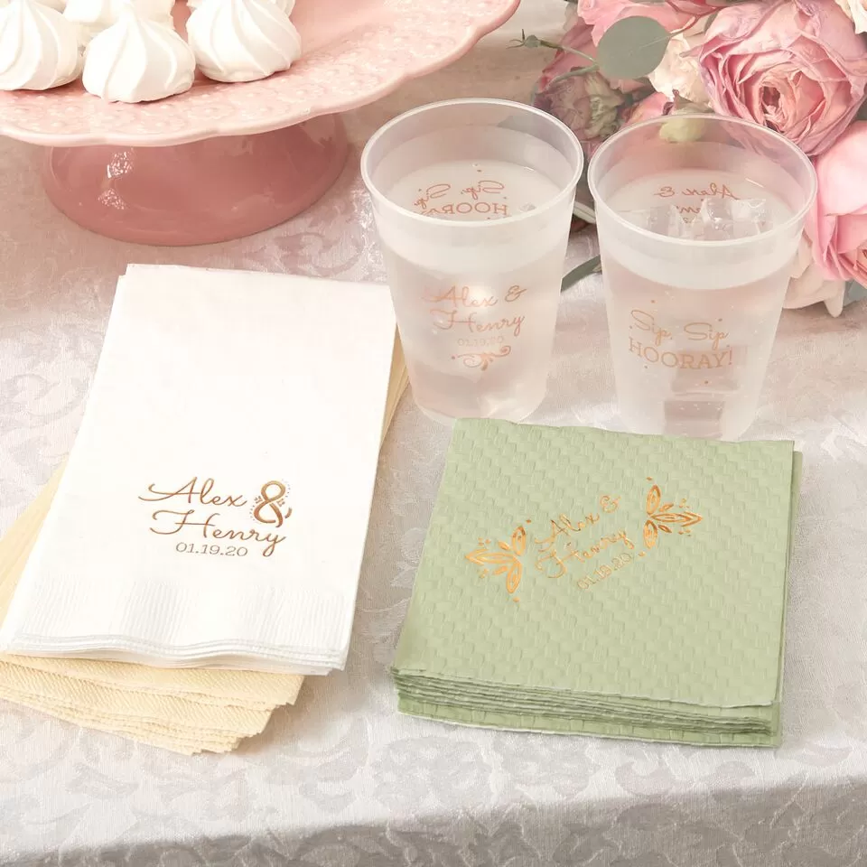 custom designed frosted cups, cocktail napkins and guest towels