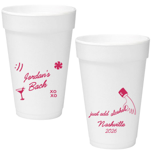 Add a splash of fun to the festivities with the Sassy Spirits Bachelorette Cup, personalized with the bride-to-be's name in script, and adorned with playful symbols like "XOXO," a martini glass, and a smiley face. The flip side's "Just add alcohol" mantra and hand line drawing, customizable with your party's location and date, promise a night of merriment and memories.