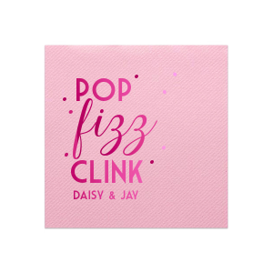The Deco Stacked Pop Fizz Clink Name Napkin adds a burst of celebration with its dynamic typography. Pop, clink, and fizz create a visual toast, accented by floating dots reminiscent of champagne bubbles. This lively design is grounded by the celebrants' names, making every clink of the glass a personal cheer.
