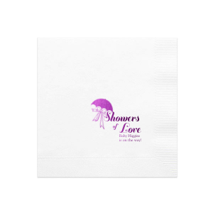 Personalized Honeydew Cocktail Napkin with Shiny Amethyst Foil has a Umbrella with Bow graphic and is good for use in Baby Shower and Bridal Shower themed parties and will make your guests swoon. Personalize your party's theme today.