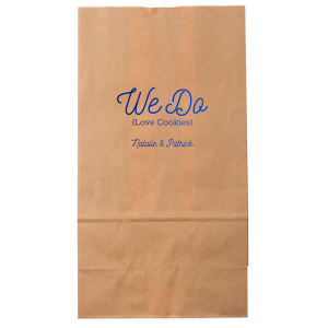 Celebrate sweet love with the We Do Love Cookies Bag, a delightful treat for sharing gifts with your guests. . It features a large, playful “We Do” at the top, with “(Love Cookies)” whimsically enclosed in parentheses below, expressing the couple’s fondness for cookies Or other gift item. Their names in candied script at the bottom add a charming touch to this gift.