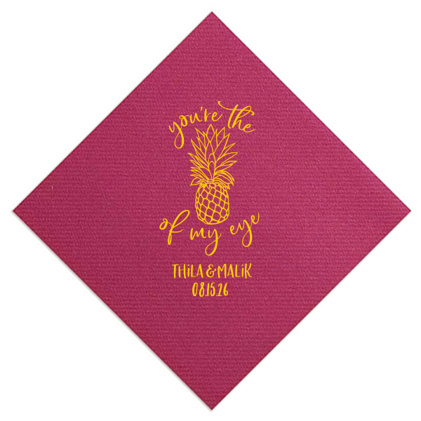 Custom Fuchsia Cocktail Napkin with Matte Sunflower Foil has a Pineapple Tiki graphic and is good for use in Food, Beach/Nautical themed parties and will add that special attention to detail that cannot be overlooked.