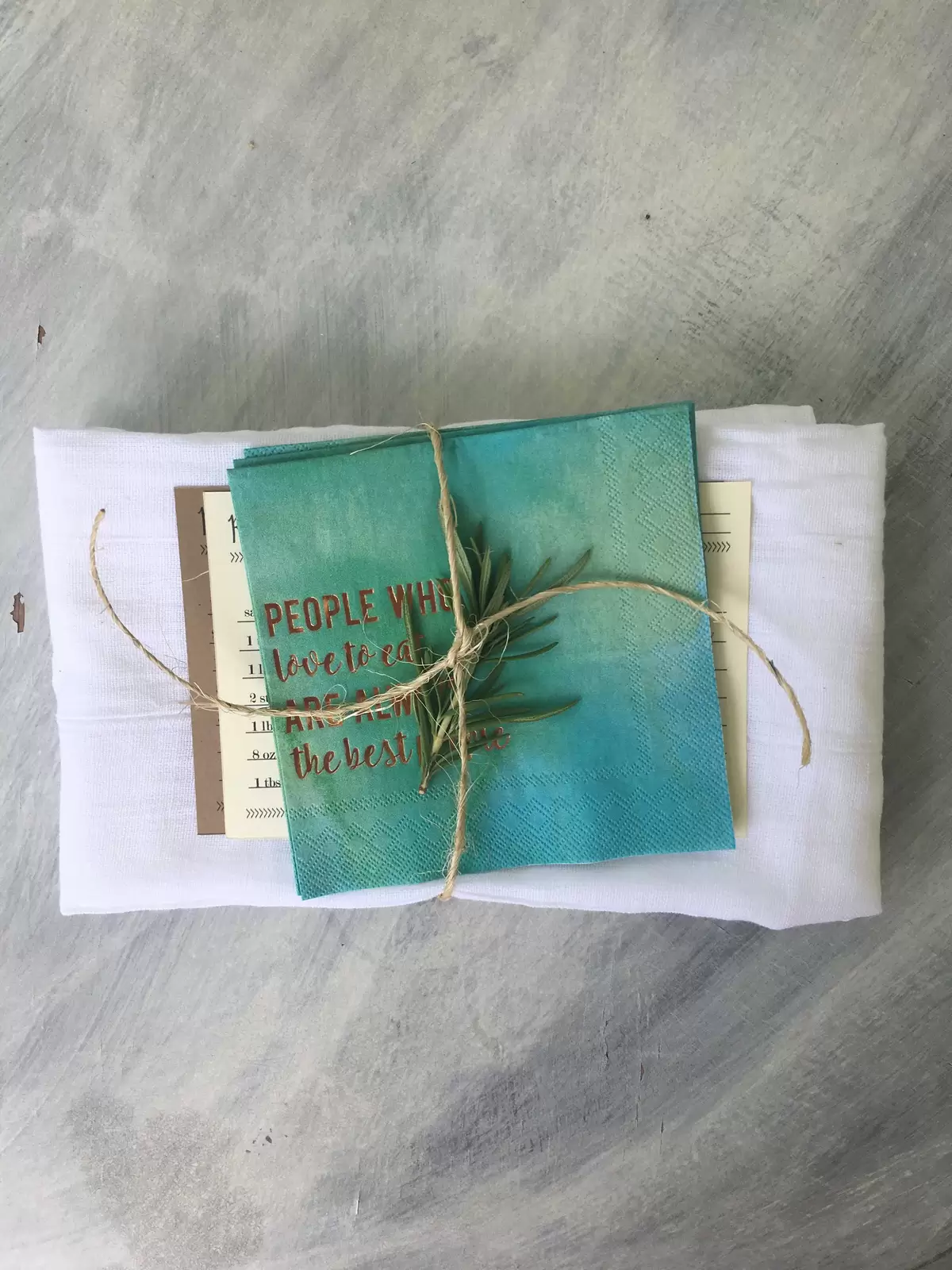 custom watercolor cocktail napkin and recipe cards for personalized party favors at a kitchen bridal shower