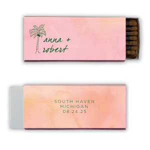 Dive into a tropical paradise with the Palm Tree Tropical Love Wedding Match, where an artistic palm tree graphic sways beside the couple's names in elegant, breezy script. Flip it, and discover the event's locale and date, perfectly capturing the essence of a sun-kissed, seaside celebration.