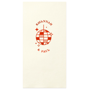 Dance under the stars with ForYourParty.com's 'Retro Wedding Disco Ball Napkin,' foil-printed with a chic disco ball and twinkling stars. Add a touch of vintage glamour to your special day with space for the couple's names, ensuring every detail of your retro wedding shines as bright as your love.