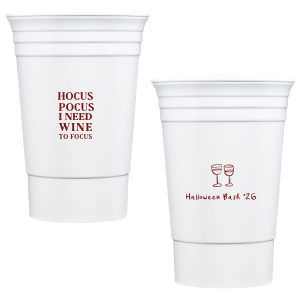 The Hocus Pocus Focus Cup is the ideal custom Halloween party accessory.  Featuring the phrase "hocus pocus I need candy to focus" and a modern and minimal graphic of wine glasses, you can personalize with your name, and the year. This chic Halloween accessory will be a hit at your autumnal events. 