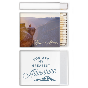 Custom White Classic Custom Photo Matchbox with Matte Ivory Ink Digital Print Colors and Matte Stone Blue Ink Digital Print Colors has a Greatest Adventure graphic and is good for use in Wedding, Travel, Words themed parties and will look fabulous with your unique touch. Your guests will agree!