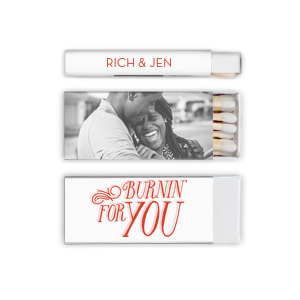 ForYourParty's chic White Classic Custom Photo Matchbox with Matte Blush Ink Digital Print Colors and Matte Poppy Ink Digital Print Colors has a Burning For You graphic and a Burning For You graphic and is good for use in Words, Calligraphy, Wedding themed parties and will make your guests swoon. Personalize your party's theme today.