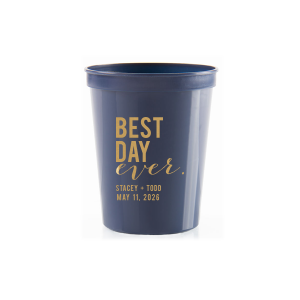 Raise a toast with the Best Day Ever Block Names Stadium Cup, where celebration is in every sip. It boldly declares "best day" in large, all-caps block letters, dramatically over "ever" in playful script. This emphatic statement is underscored by the couple's names and event date, making every drink a festive cheer.