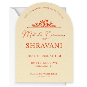 Celebrate a Mehndi party for the bride to be with this arch invitation. Featuring and intricate floral graphic, you can customize this mehndi invitation with names, dates, and the location of the party. 