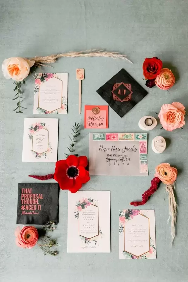 A glam, rustic wedding flat lay!