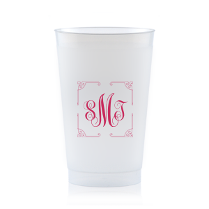 ForYourParty's personalized 9 oz Frost Flex Cup with Matte Fuchsia Ink has a Rococo Frame graphic and classic 3 letter monogram is good for use in Wedding, Anniversary and Birthday themed parties and are a must-have for your next event—whatever the celebration!