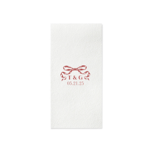 Tie together the elegance of your wedding with the Nuptial Bow Initials Napkin, featuring the couple's initials and event date in a refined serif script. Adorned with a romantic bow graphic, it's a trendy and sophisticated touch for your special day.