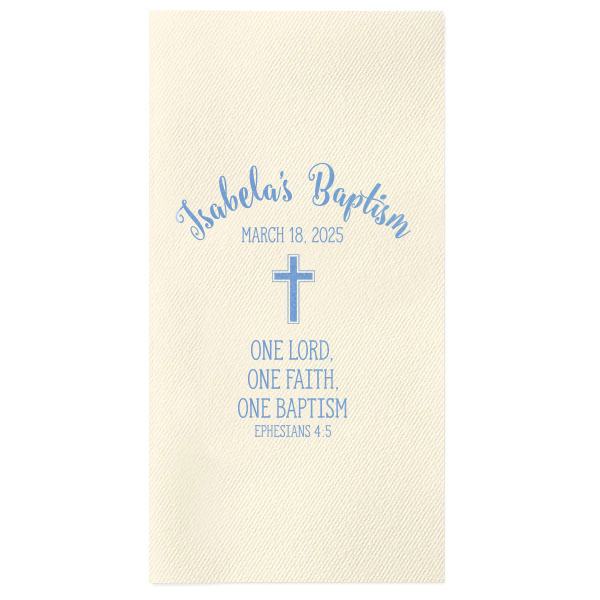 Our beautiful custom Ivory Linen Like Cocktail Napkin with Satin French Blue Foil has a Cross graphic and is good for use in Christian Symbols themed parties and can be personalized to match your party's exact theme and tempo.