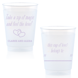 Create wedding details so perfect, they're magical. Customize this plastic cup for wedding barware that can double as a personalized party favor! Our Interlocking Hearts graphic will fit any theme. Simply choose your colors and add your names.