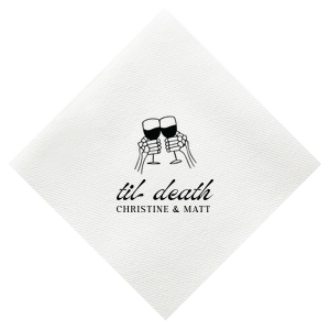 The design of Til Death Toast Napkin will be sure to raise glasses and spirits! Adorned with two skeletal hands clinking wine glasses above personalized text, they are perfect for seasonal weddings or Halloween events.