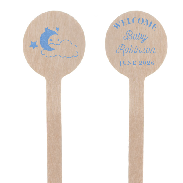 The Sweet Dreams Baby Shower Stir Stick is the ideal keepsake for a baby shower, featuring a serene graphic of the moon, clouds, and stars on one side, symbolizing the peaceful and hopeful anticipation of a newborn. The reverse side allows for customization with your baby's name and their expected arrival date, elegantly written in a harmonious blend of flowing script and timeless serif font. This thoughtful stirrer is a lovely way to celebrate the upcoming addition to your family and is perfect for baby shower decor or as a cherished memento for guests.