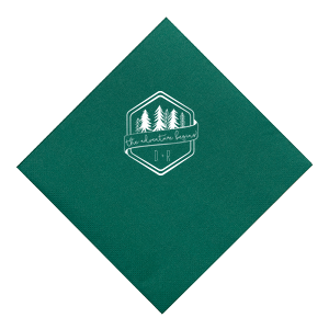 Embark on a journey with the Adventure Begins Trees Napkin. Framed by a hexagonal border, it showcases "the adventure begins" on a banner, flanked by varying evergreen trees. The design, featuring initials with a connecting plus sign, evokes the thrill of new beginnings in nature's embrace.