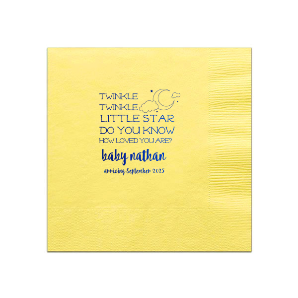 Our beautiful custom Mimosa/Yellow Cocktail Napkin with Shiny Royal Blue Foil has a Night Sky graphic and is good for use in Baby Shower, Stars themed parties and are a must-have for your next event—whatever the celebration!