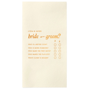 Play a fun wedding game with your guests! Who's most likely to or the wedding shoe game is printed on this custom napkin. Test your guests knowledge at the wedding, bachelorette party, or engagement party!