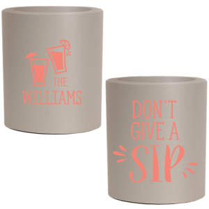 ForYourParty's personalized Coral Flat Can Cooler with Matte White Ink Cup Ink Colors has a Drinks graphic and will look fabulous with your unique touch. Your guests will agree!