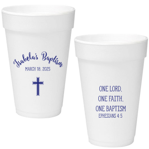 ForYourParty's personalized Matte Periwinkle Ink 16 oz Styrofoam Cup with Matte Periwinkle Ink Cup Ink Colors has a Cross graphic and is good for use in Christian Symbols themed parties and will impress guests like no other. Make this party unforgettable.