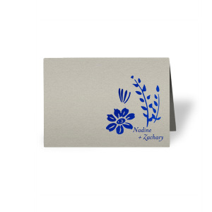 Personalized Natural Gray Classic Place Card with Shiny Royal Blue Foil has a Garden Flower Accent graphic and is good for use in Floral, Accents and wedding themed parties and will give your party the personalized touch every host desires.