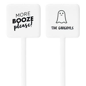 The More Booze Please Ghost Stir Stick will turn your Halloween party up a notch. Personalize with your last name for a unique and fun party detail. Featuring an adorable ghost graphic, this drink stirrer will be at hit at your Halloween event in a signature drink. 
