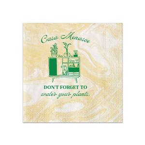 Welcome friends to your new abode with the Botanical Bar Cart Home Entertaining Napkin, adorned with a stylish bar cart and plant graphic and the gentle prompt "Don't forget to water your plants," all below your name or house title in a contemporary script. A charming and practical touch for your housewarming gathering.