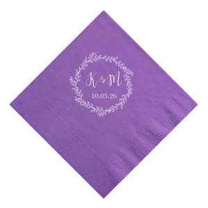 Encapsulate matrimonial elegance with the Simple Wreath Wedding Napkin, where a delicate leaf wreath tenderly encircles the couple's initials and special date. This design exudes a quiet grace, perfect for complementing the refined ambiance of your wedding day.